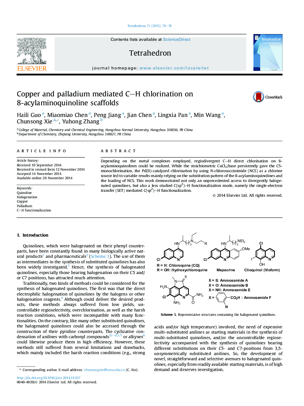 Copper and palladium mediated C-H chlorination on 8-acylaminoquinoline scaffolds
