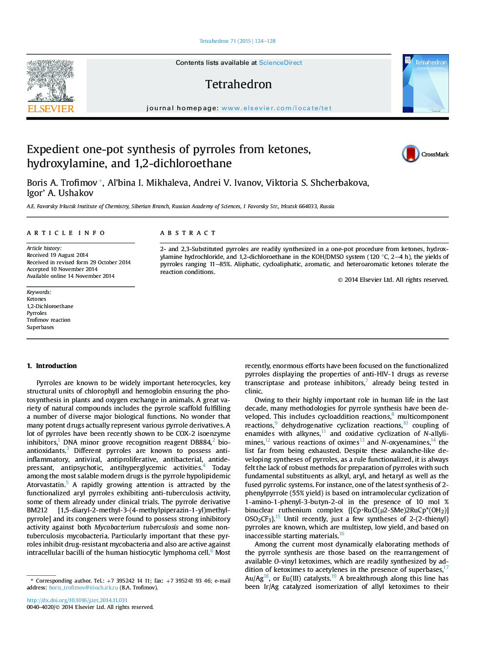 Expedient one-pot synthesis of pyrroles from ketones, hydroxylamine, and 1,2-dichloroethane