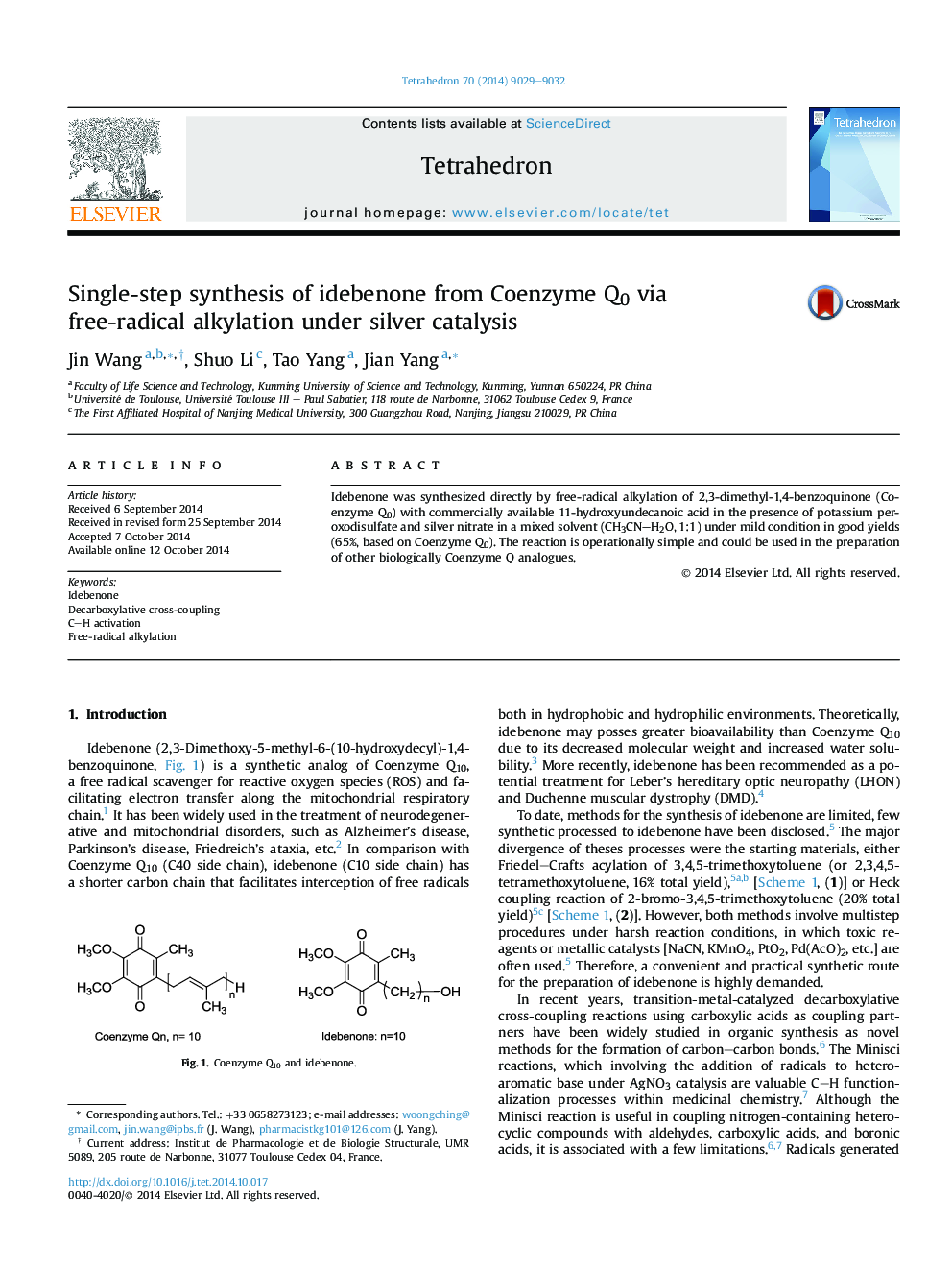 Single-step synthesis of idebenone from Coenzyme Q0 via free-radical alkylation under silver catalysis