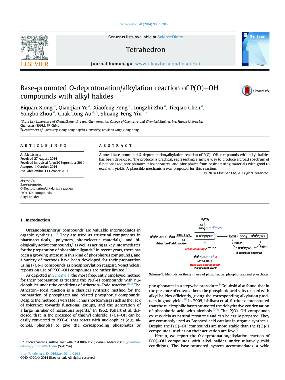 Base-promoted O-deprotonation/alkylation reaction of P(O)–OH compounds with alkyl halides