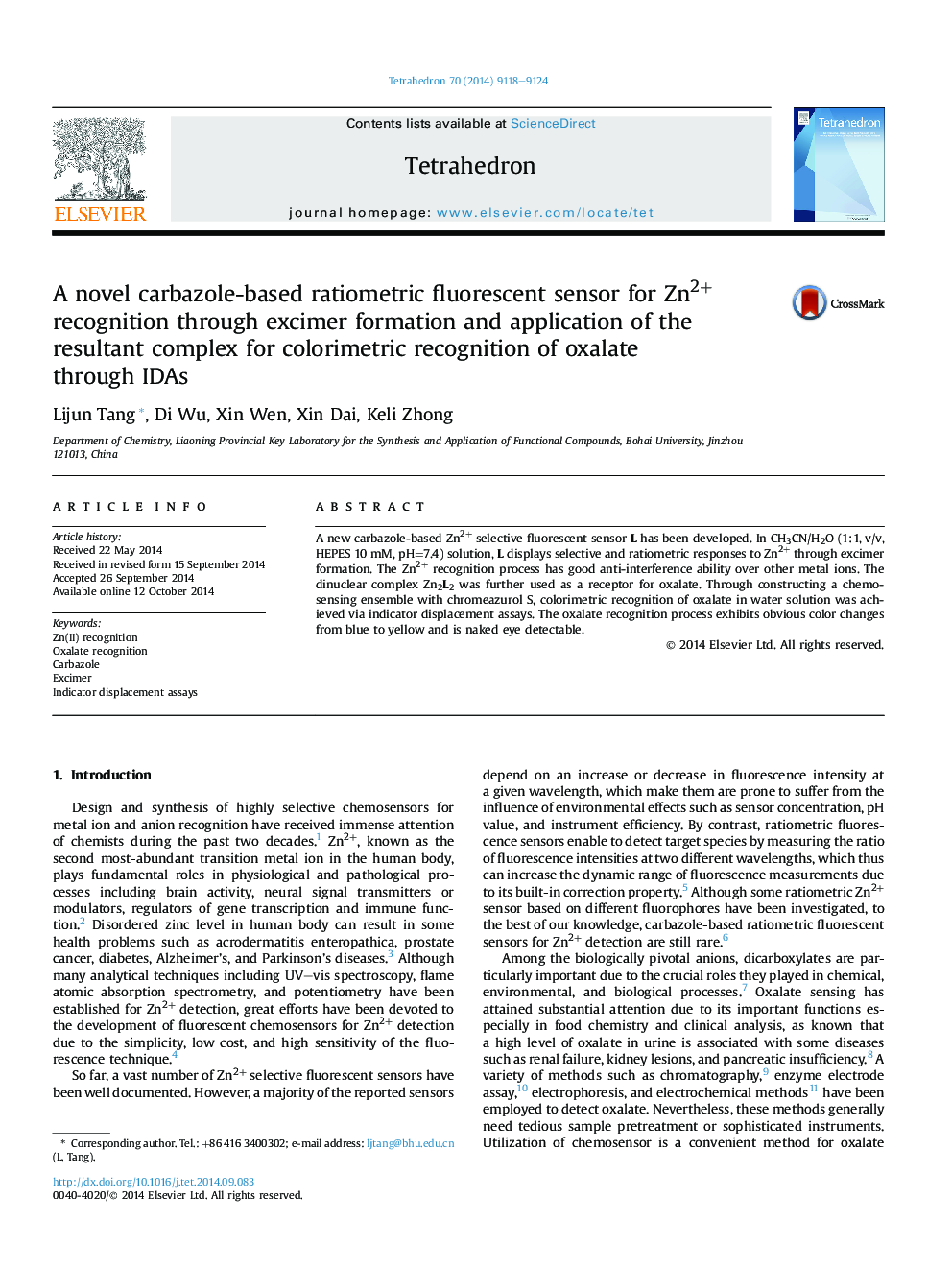 A novel carbazole-based ratiometric fluorescent sensor for Zn2+ recognition through excimer formation and application of the resultant complex for colorimetric recognition of oxalate throughÂ IDAs