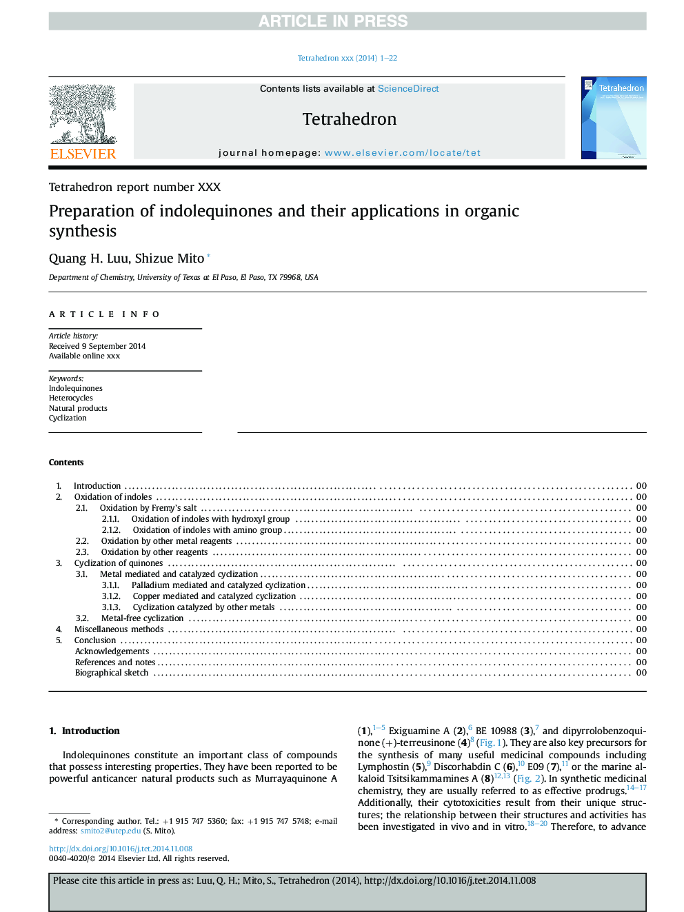 Preparation of indolequinones and their applications in organic synthesis