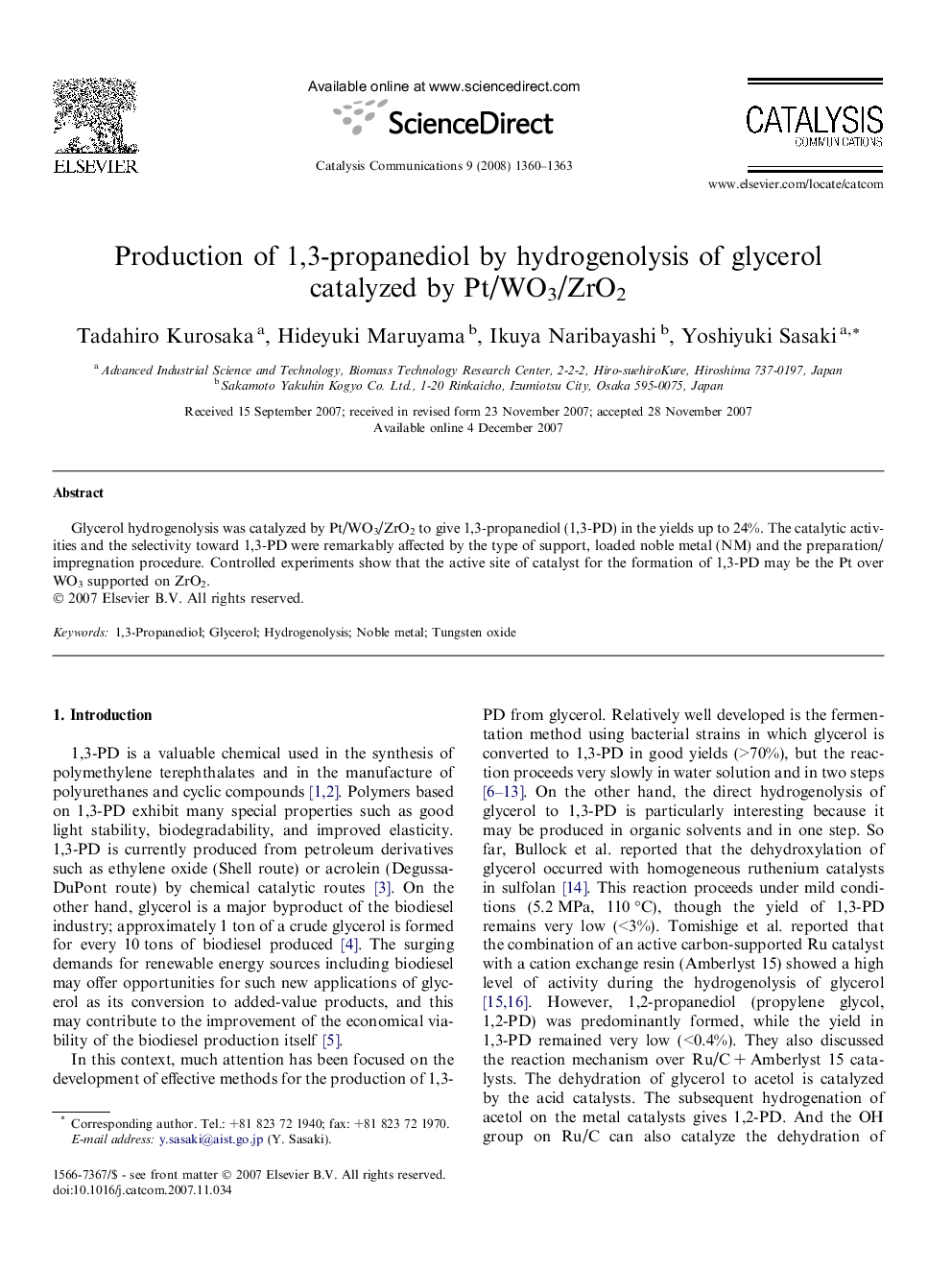 Production of 1,3-propanediol by hydrogenolysis of glycerol catalyzed by Pt/WO3/ZrO2