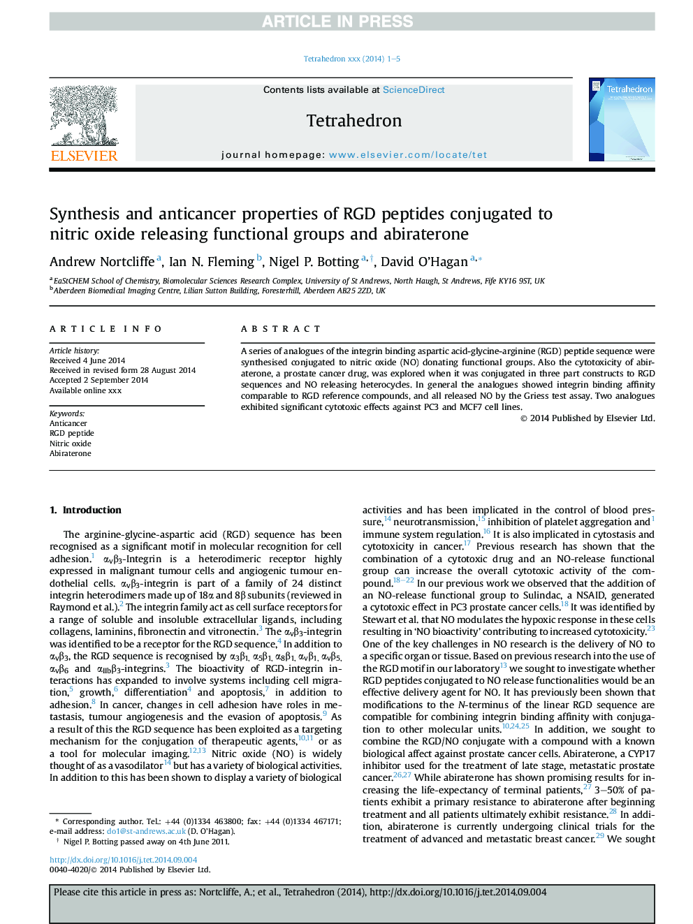 Synthesis and anticancer properties of RGD peptides conjugated to nitric oxide releasing functional groups and abiraterone