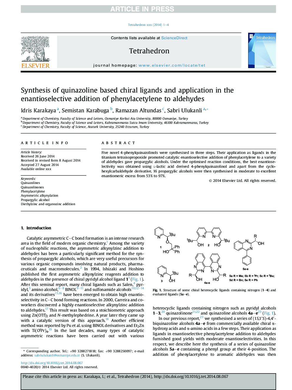 Synthesis of quinazoline based chiral ligands and application in the enantioselective addition of phenylacetylene to aldehydes