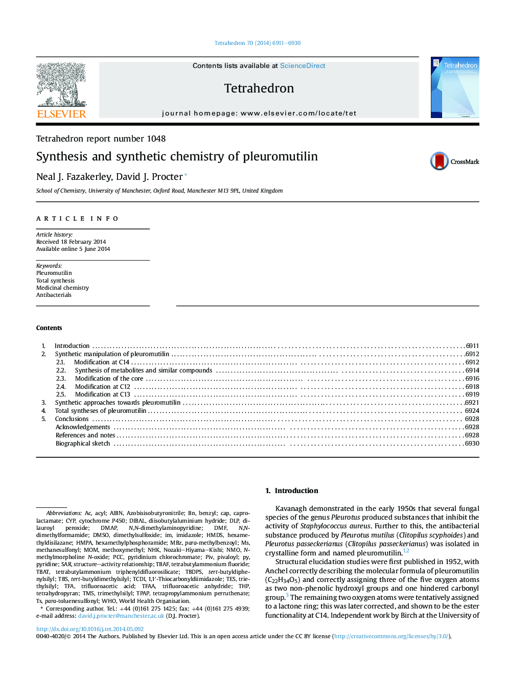 Tetrahedron report number 1048Synthesis and synthetic chemistry of pleuromutilin