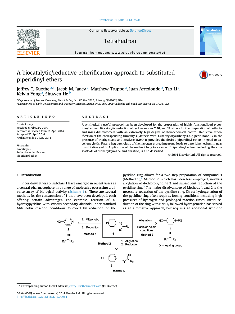 A biocatalytic/reductive etherification approach to substituted piperidinyl ethers
