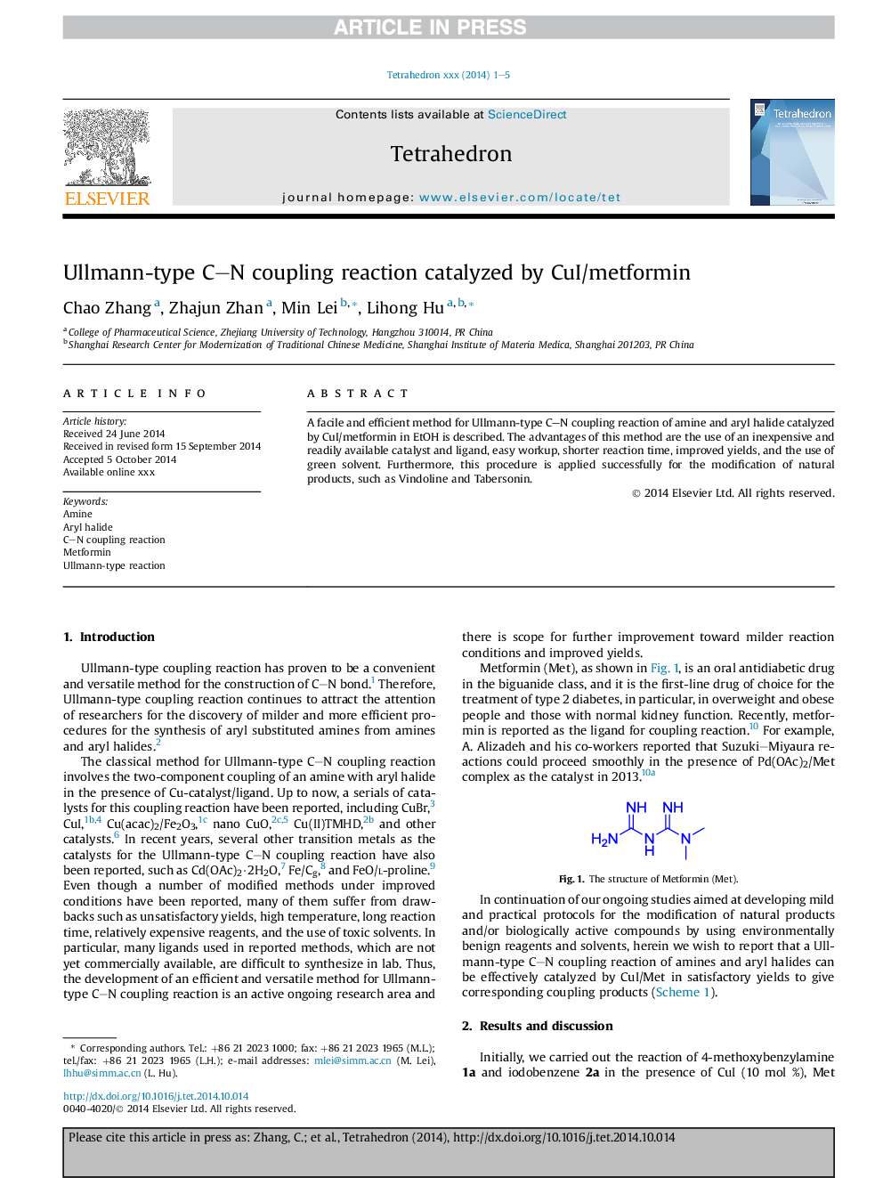 Ullmann-type C-N coupling reaction catalyzed by CuI/metformin