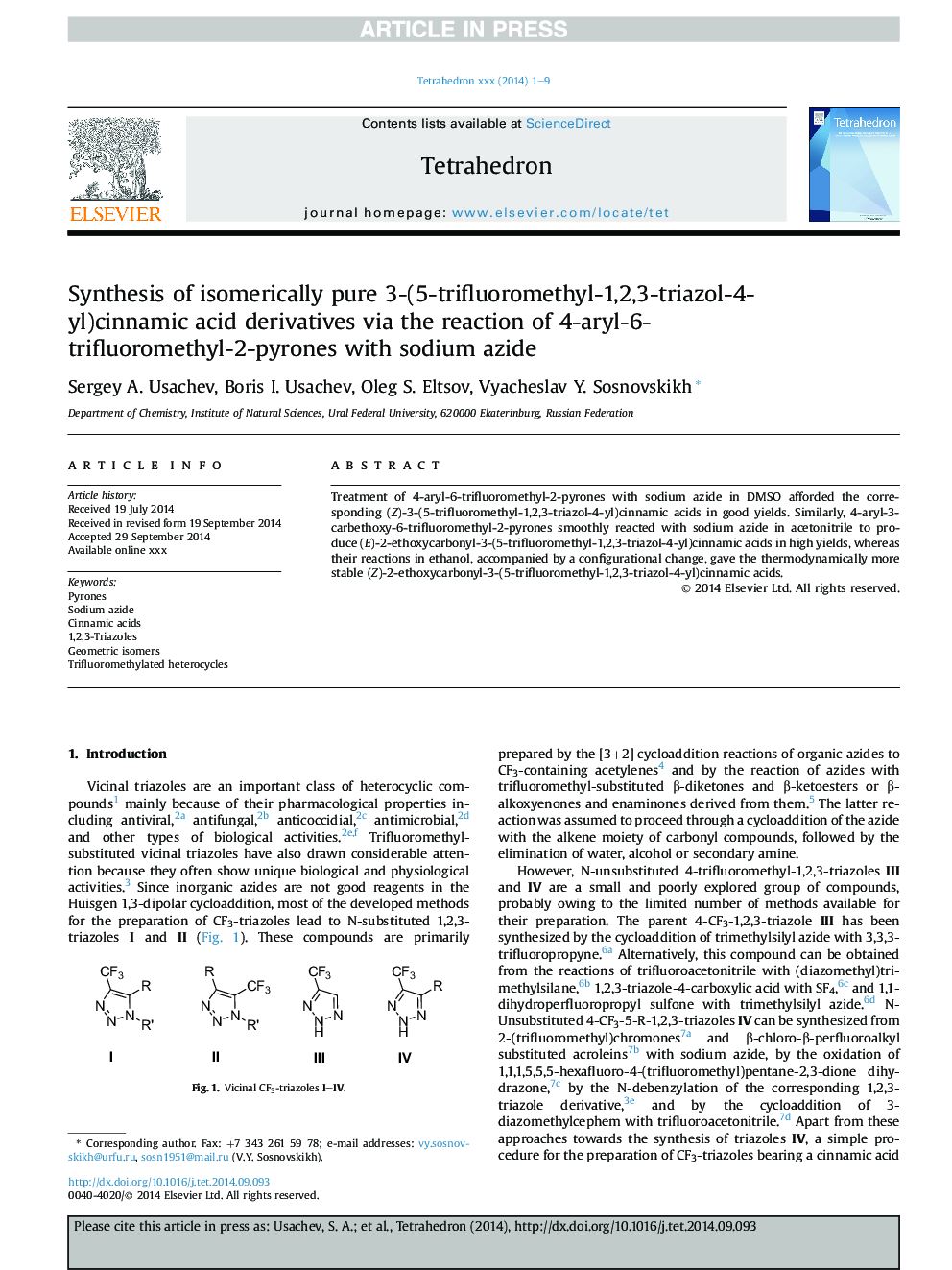 Synthesis of isomerically pure 3-(5-trifluoromethyl-1,2,3-triazol-4-yl)cinnamic acid derivatives via the reaction of 4-aryl-6-trifluoromethyl-2-pyrones with sodium azide