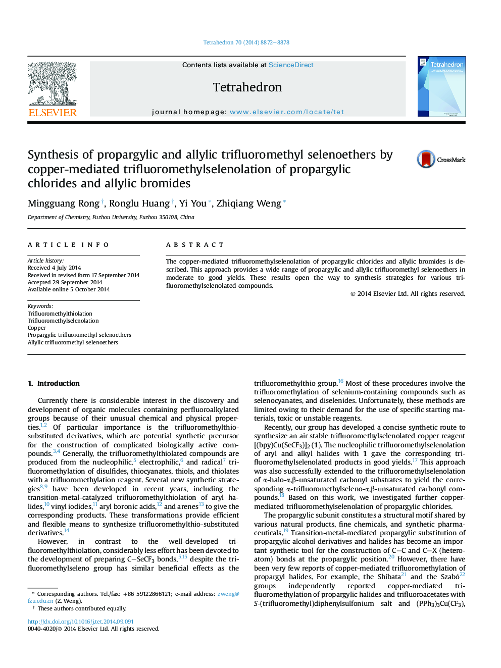 Synthesis of propargylic and allylic trifluoromethyl selenoethers by copper-mediated trifluoromethylselenolation of propargylic chlorides and allylic bromides