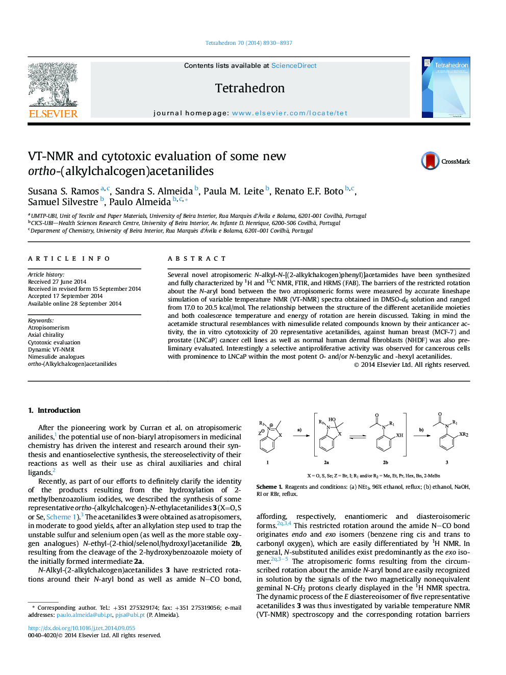 VT-NMR and cytotoxic evaluation of some new ortho-(alkylchalcogen)acetanilides