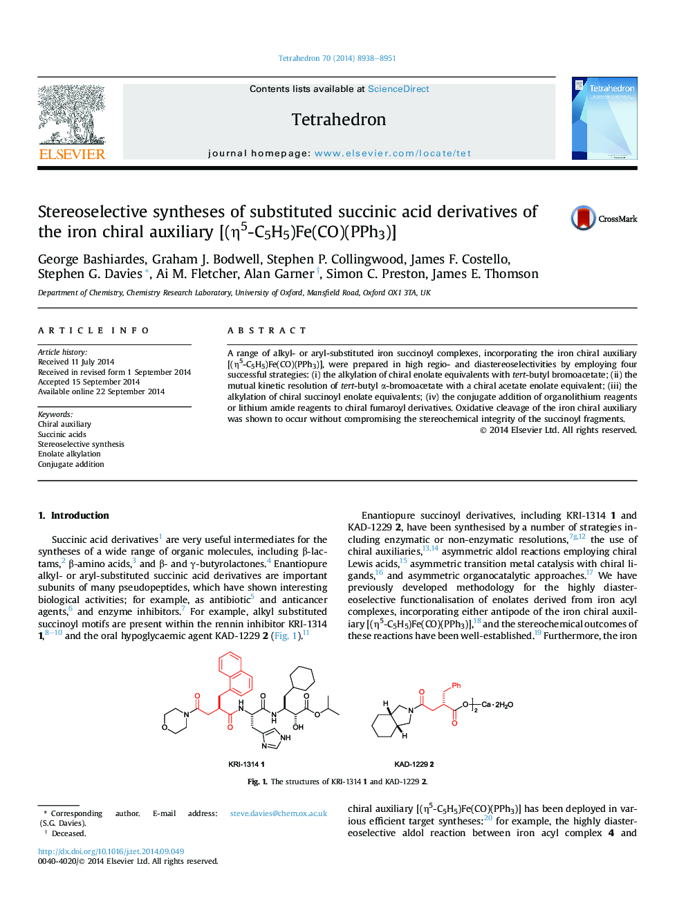 Stereoselective syntheses of substituted succinic acid derivatives of the iron chiral auxiliary [(Î·5-C5H5)Fe(CO)(PPh3)]