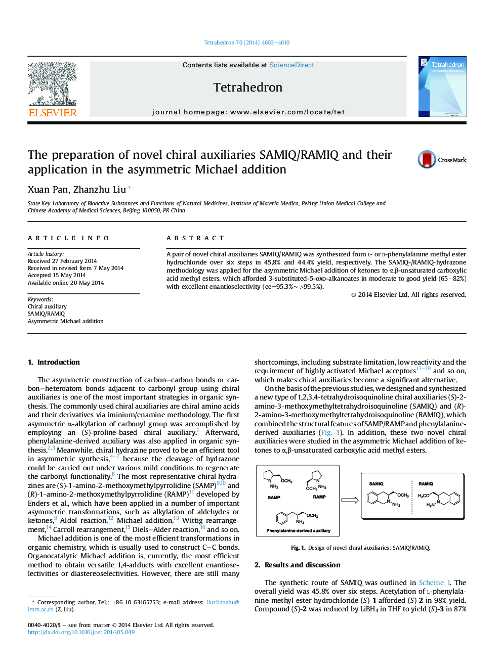 The preparation of novel chiral auxiliaries SAMIQ/RAMIQ and their application in the asymmetric Michael addition