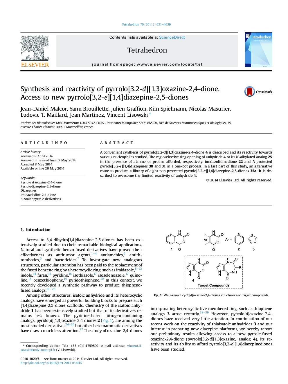 Synthesis and reactivity of pyrrolo[3,2-d][1,3]oxazine-2,4-dione. Access to new pyrrolo[3,2-e][1,4]diazepine-2,5-diones