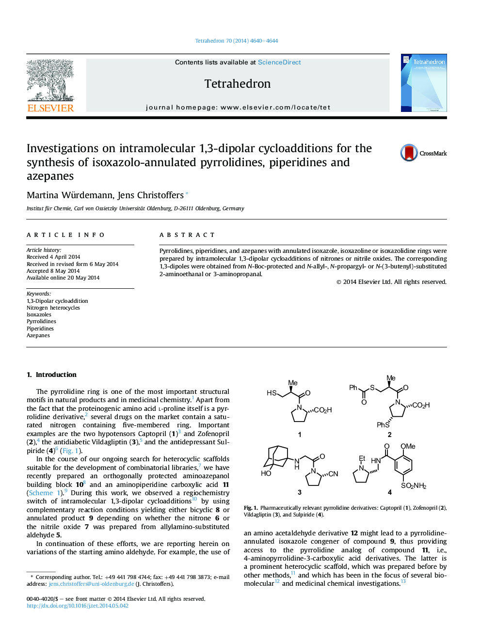 Investigations on intramolecular 1,3-dipolar cycloadditions for the synthesis of isoxazolo-annulated pyrrolidines, piperidines and azepanes