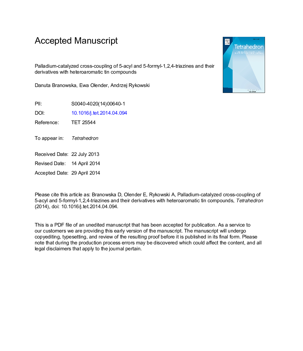 Palladium-catalyzed cross-coupling of 5-acyl and 5-formyl-1,2,4-triazines and their derivatives with heteroaromatic tin compounds