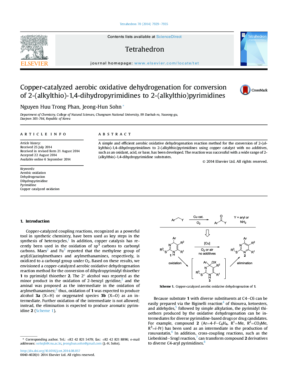 Copper-catalyzed aerobic oxidative dehydrogenation for conversion of 2-(alkylthio)-1,4-dihydropyrimidines to 2-(alkylthio)pyrimidines