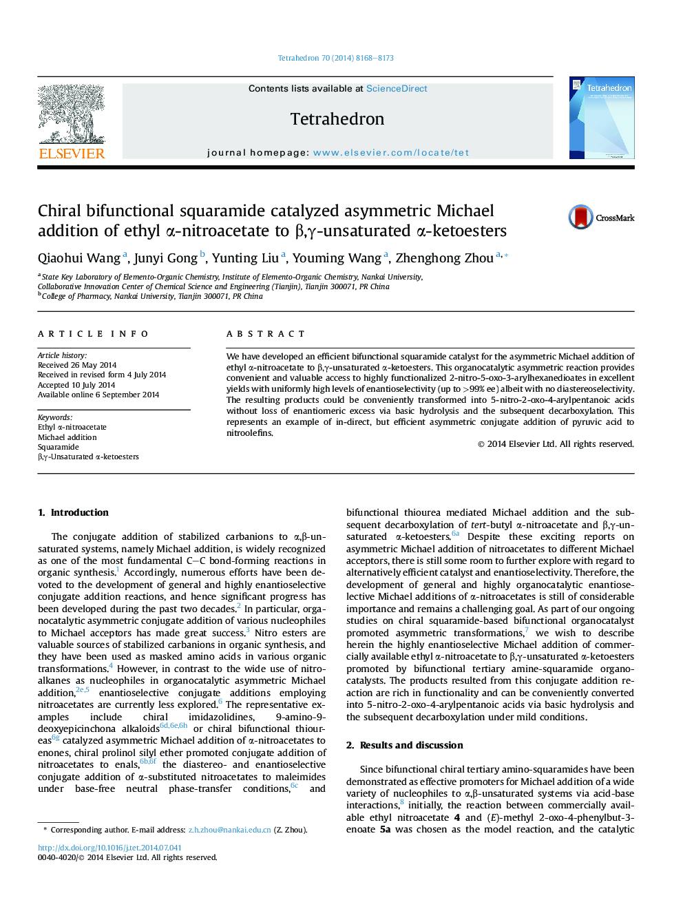 Chiral bifunctional squaramide catalyzed asymmetric Michael addition of ethyl Î±-nitroacetate to Î²,Î³-unsaturated Î±-ketoesters