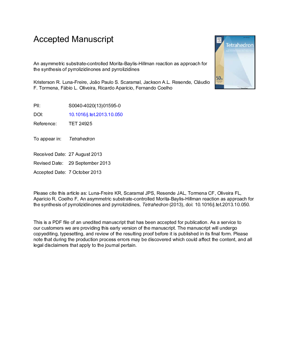 یک واکنش موریتا-بیلیس-هیلمن تحت کنترل تحت نامتقارن به عنوان روش برای سنتز پیرولوزیدینون و پیروللیزیدین 