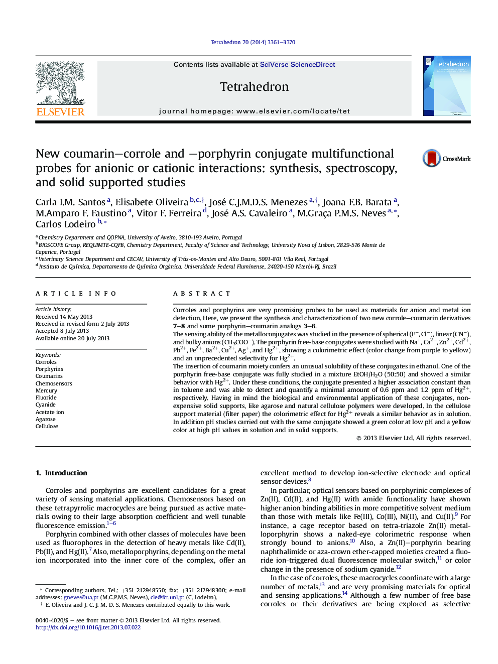 New coumarin-corrole and -porphyrin conjugate multifunctional probes for anionic or cationic interactions: synthesis, spectroscopy, and solid supported studies