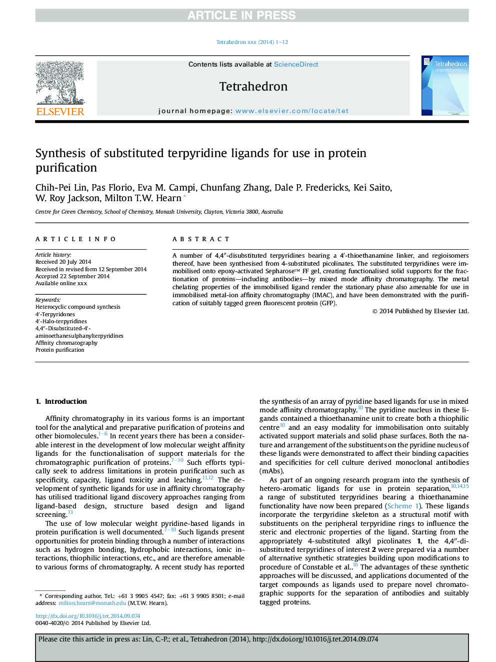 Synthesis of substituted terpyridine ligands for use in protein purification