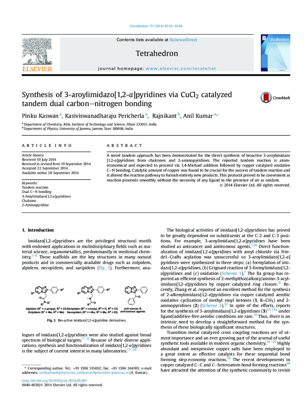 Synthesis of 3-aroylimidazo[1,2-a]pyridines via CuCl2 catalyzed tandem dual carbon-nitrogen bonding