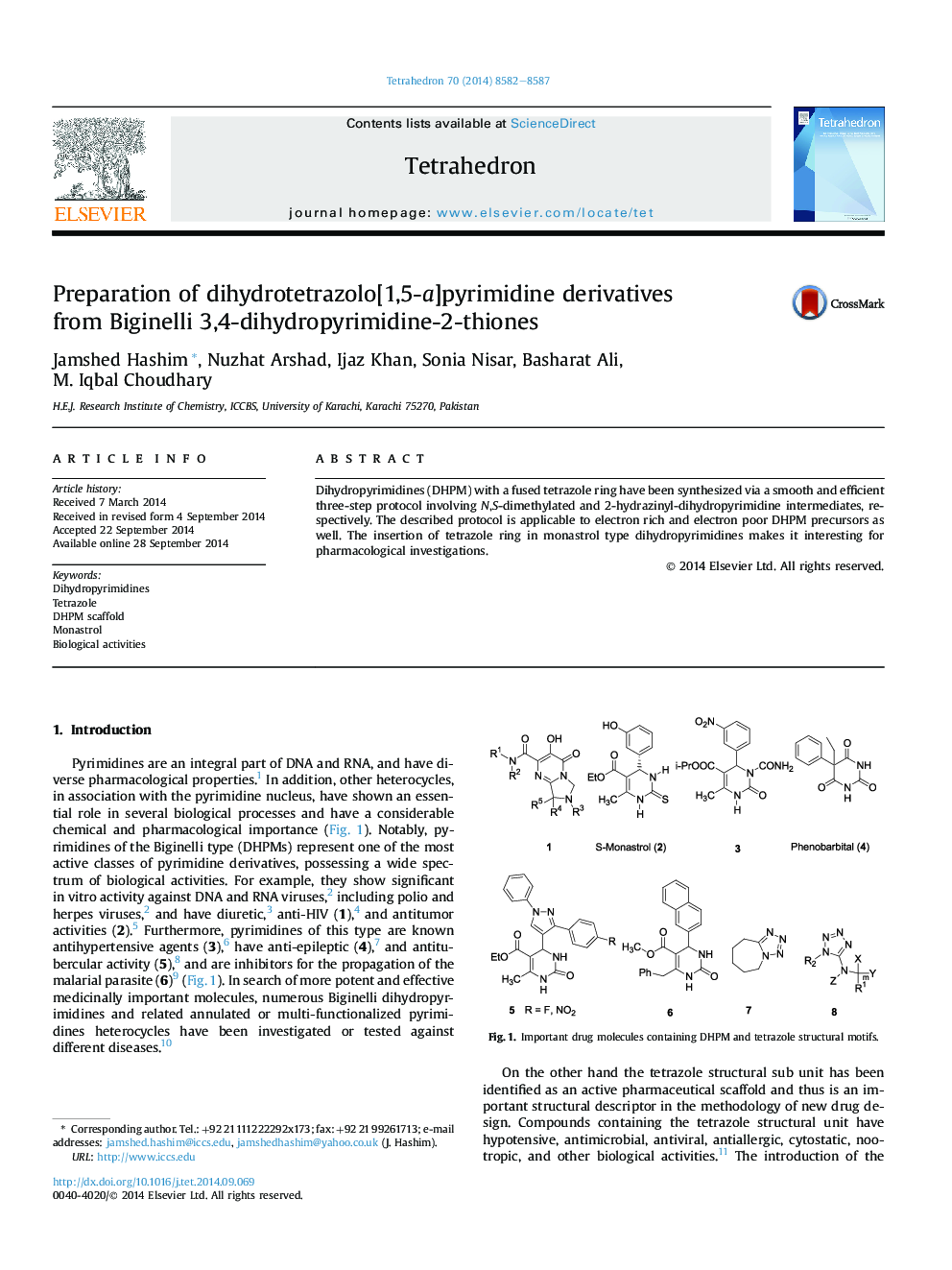 Preparation of dihydrotetrazolo[1,5-a]pyrimidine derivatives fromÂ Biginelli 3,4-dihydropyrimidine-2-thiones