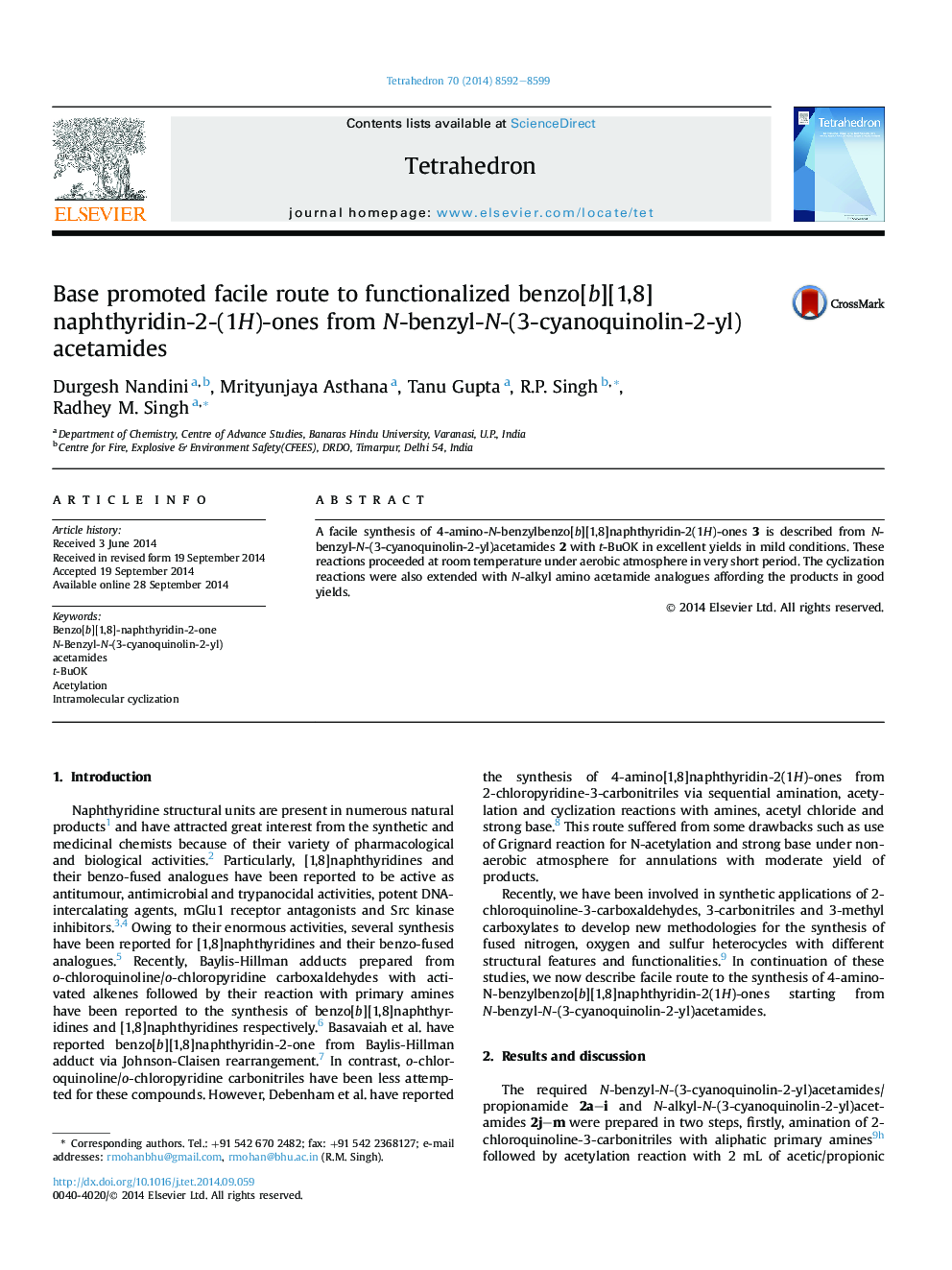 Base promoted facile route to functionalized benzo[b][1,8]naphthyridin-2-(1H)-ones from N-benzyl-N-(3-cyanoquinolin-2-yl)acetamides