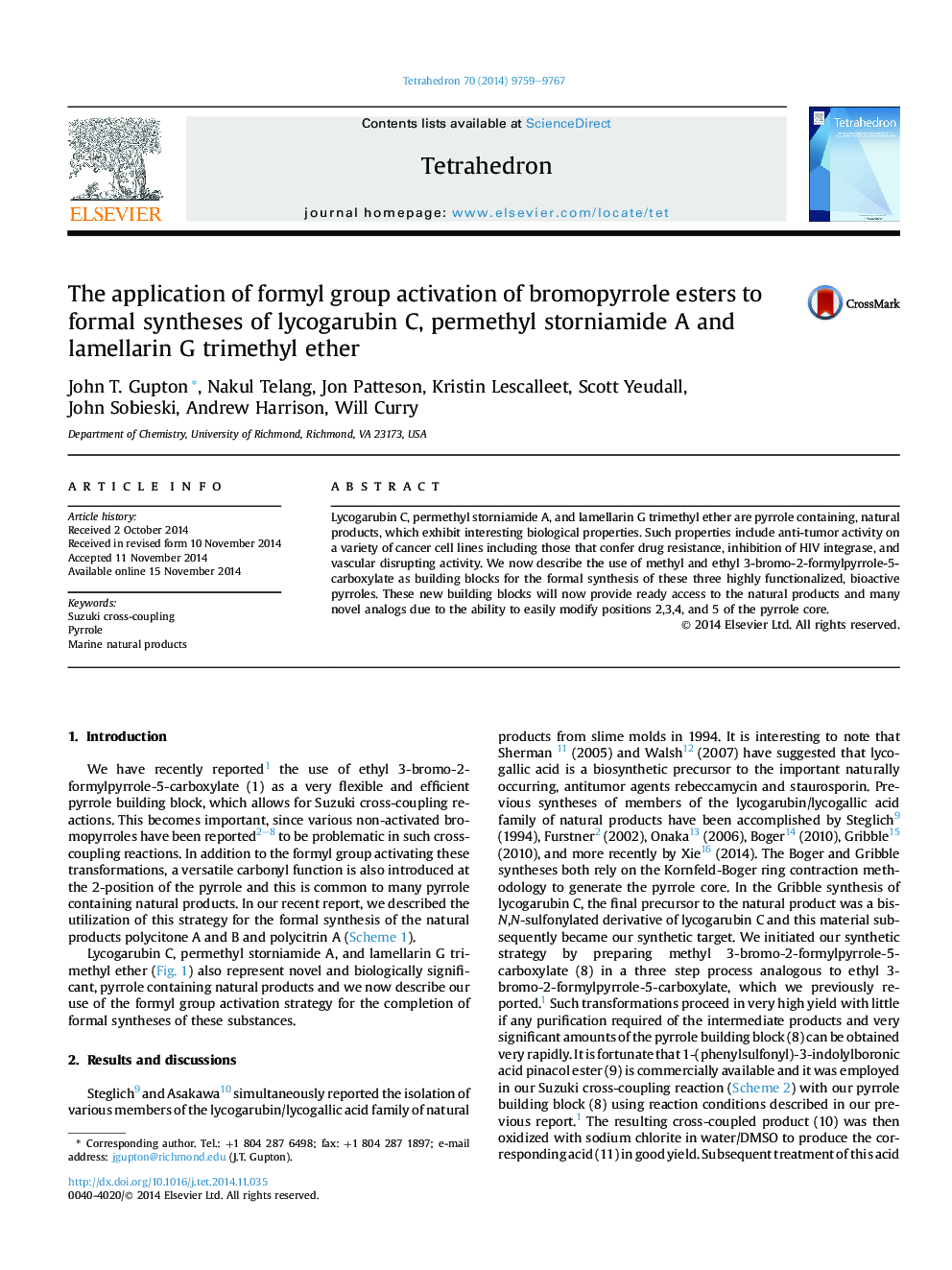 The application of formyl group activation of bromopyrrole esters to formal syntheses of lycogarubin C, permethyl storniamide A and lamellarin G trimethyl ether