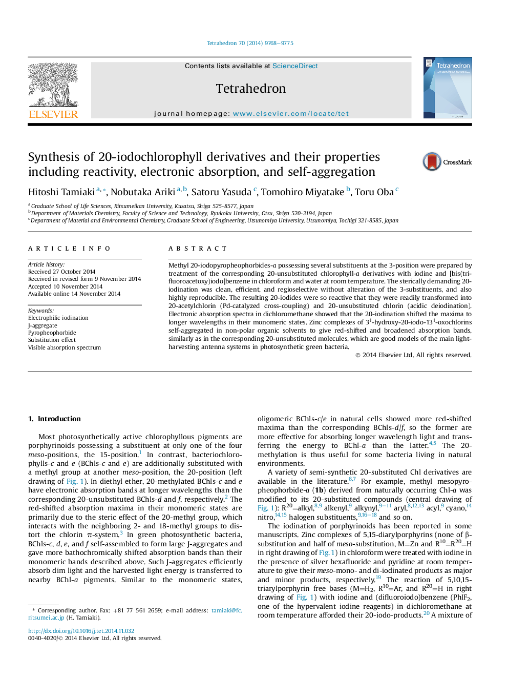 Synthesis of 20-iodochlorophyll derivatives and their properties including reactivity, electronic absorption, and self-aggregation