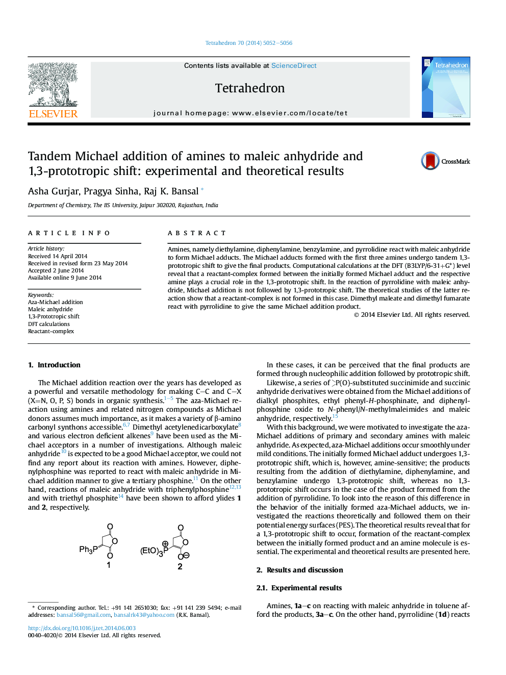 Tandem Michael addition of amines to maleic anhydride and 1,3-prototropic shift: experimental and theoretical results