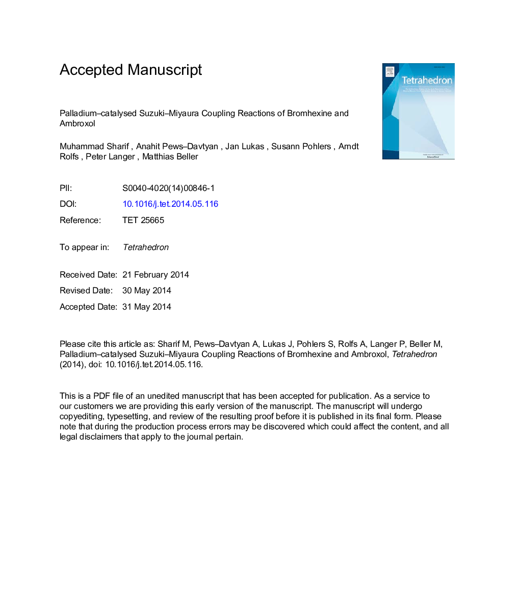 Palladium-catalysed Suzuki-Miyaura coupling reactions of Bromhexine and Ambroxol