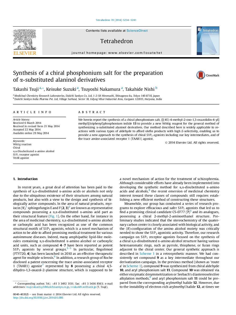 Synthesis of a chiral phosphonium salt for the preparation ofÂ Î±-substituted alaninol derivatives