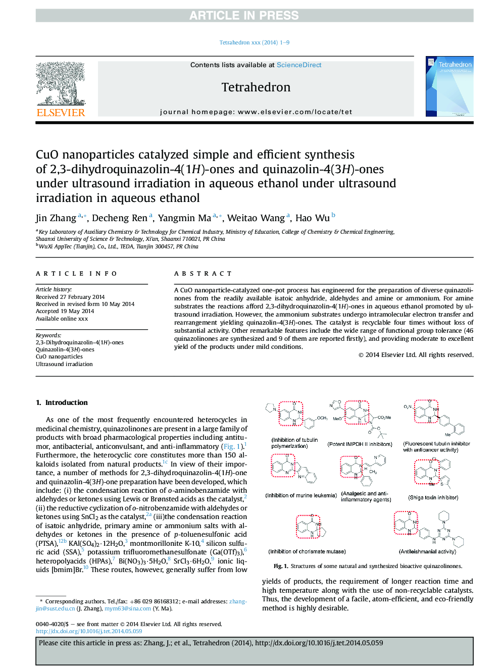 CuO nanoparticles catalyzed simple and efficient synthesis ofÂ 2,3-dihydroquinazolin-4(1H)-ones and quinazolin-4(3H)-ones under ultrasound irradiation in aqueous ethanol under ultrasound irradiation in aqueous ethanol