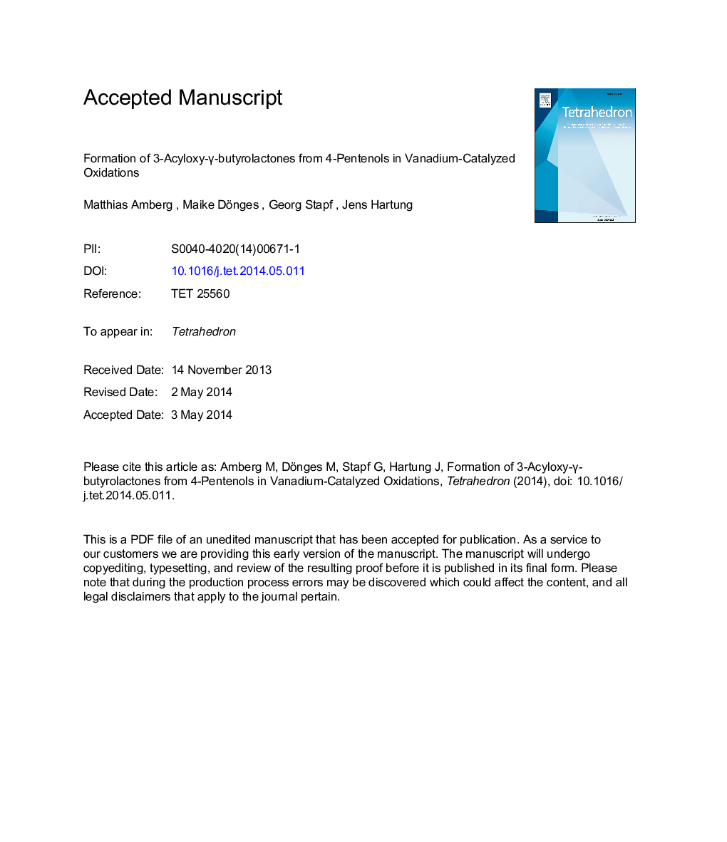 Formation of 3-acyloxy-Î³-butyrolactones from 4-pentenols in vanadium-catalyzed oxidations