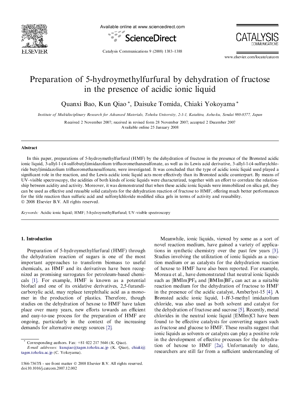 Preparation of 5-hydroymethylfurfural by dehydration of fructose in the presence of acidic ionic liquid