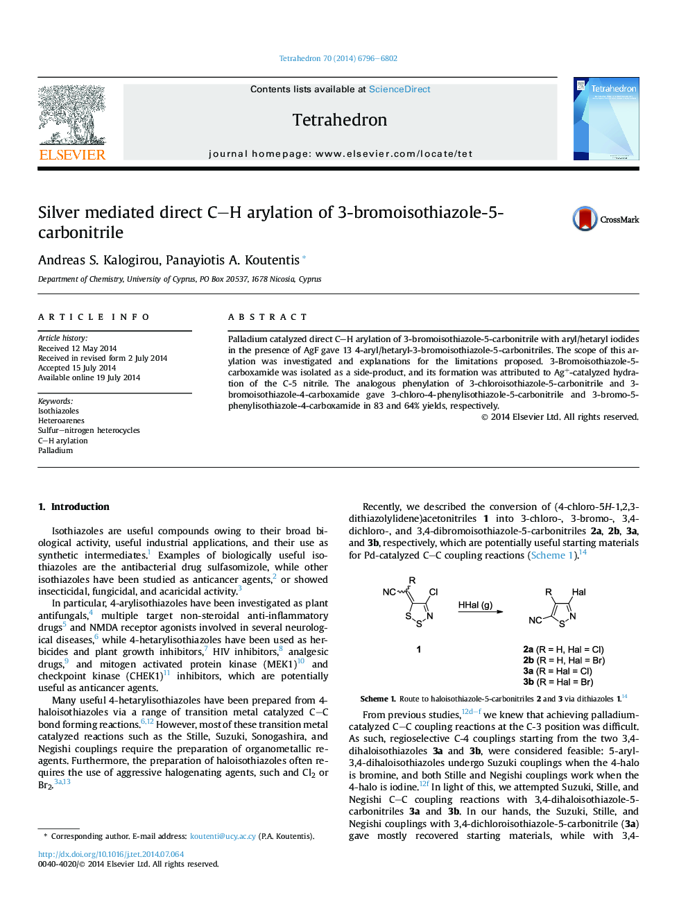 عکس صفحه اول مقاله: Silver mediated direct C-H arylation of 3-bromoisothiazole-5-carbonitrile Silver mediated direct C-H arylation of 3-bromoisothiazole-5-carbonitrile