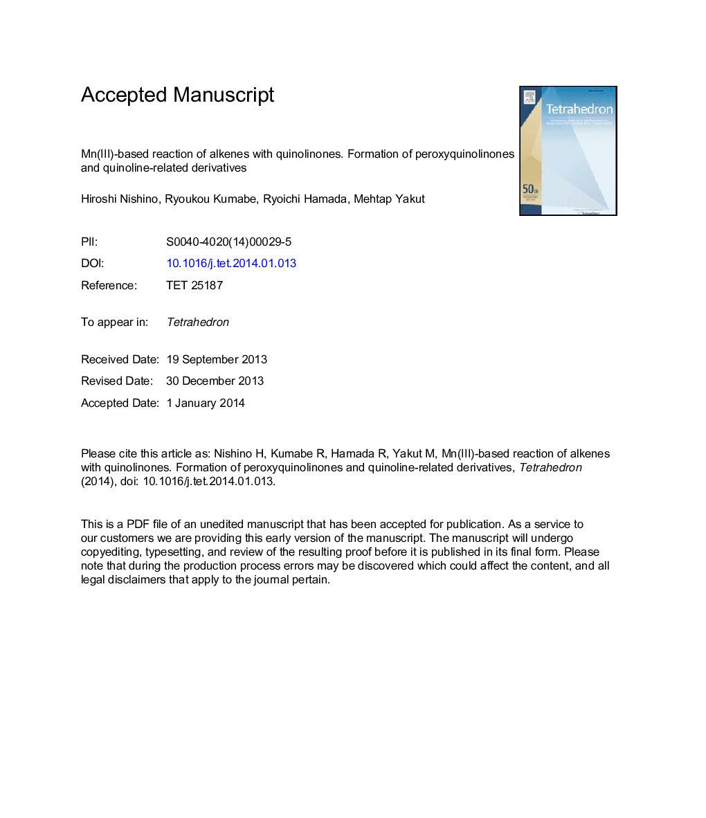 Mn(III)-based reaction of alkenes with quinolinones. Formation of peroxyquinolinones and quinoline-related derivatives