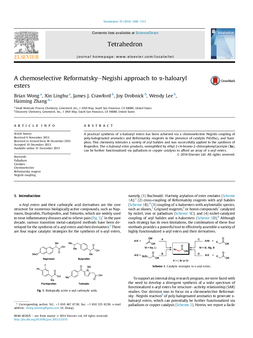 A chemoselective Reformatsky-Negishi approach to Î±-haloaryl esters