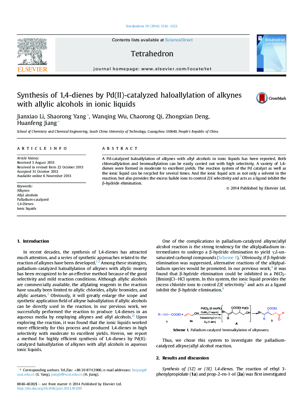 Synthesis of 1,4-dienes by Pd(II)-catalyzed haloallylation of alkynes with allylic alcohols in ionic liquids