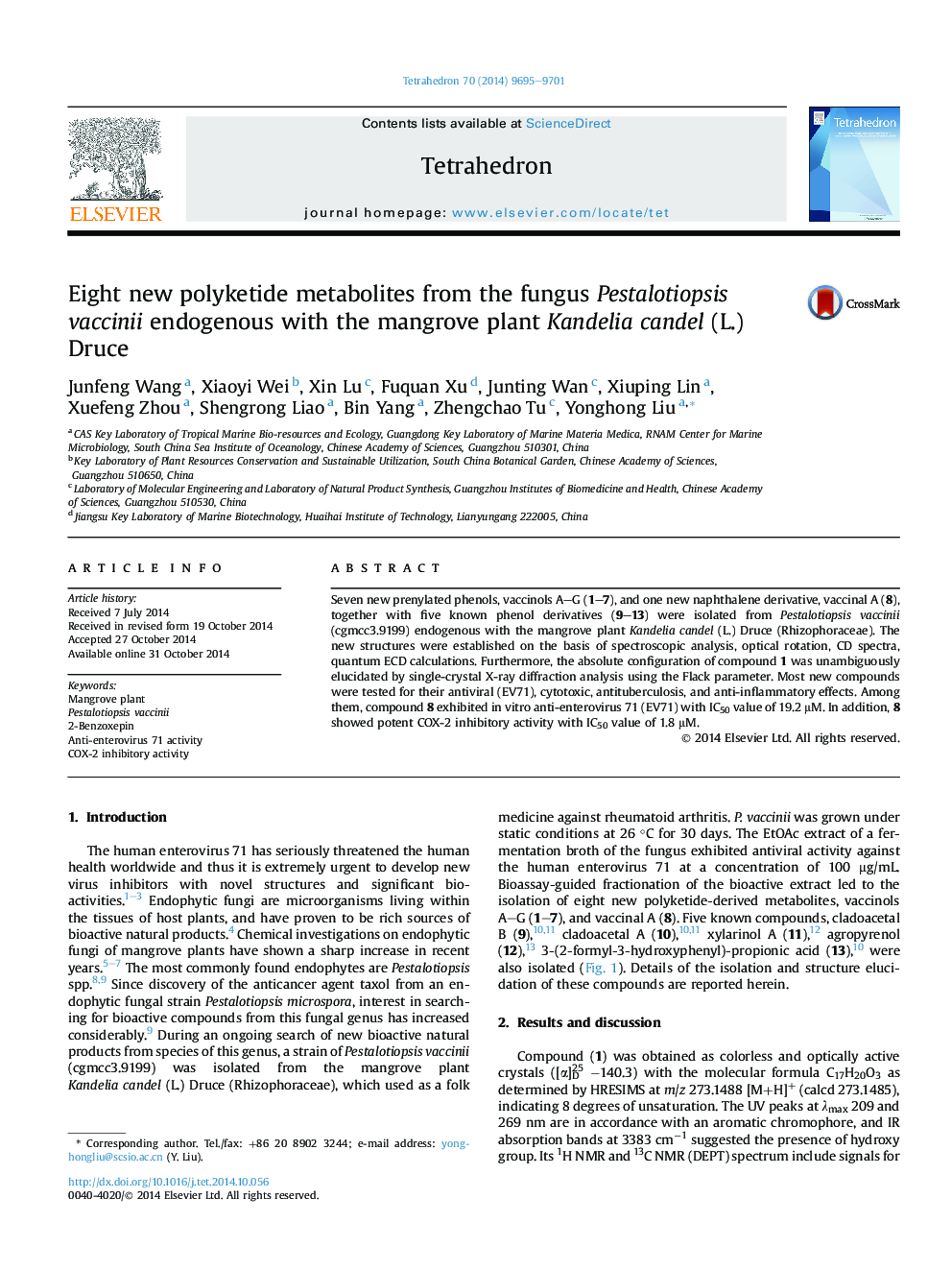 Eight new polyketide metabolites from the fungus Pestalotiopsis vaccinii endogenous with the mangrove plant Kandelia candel (L.) Druce