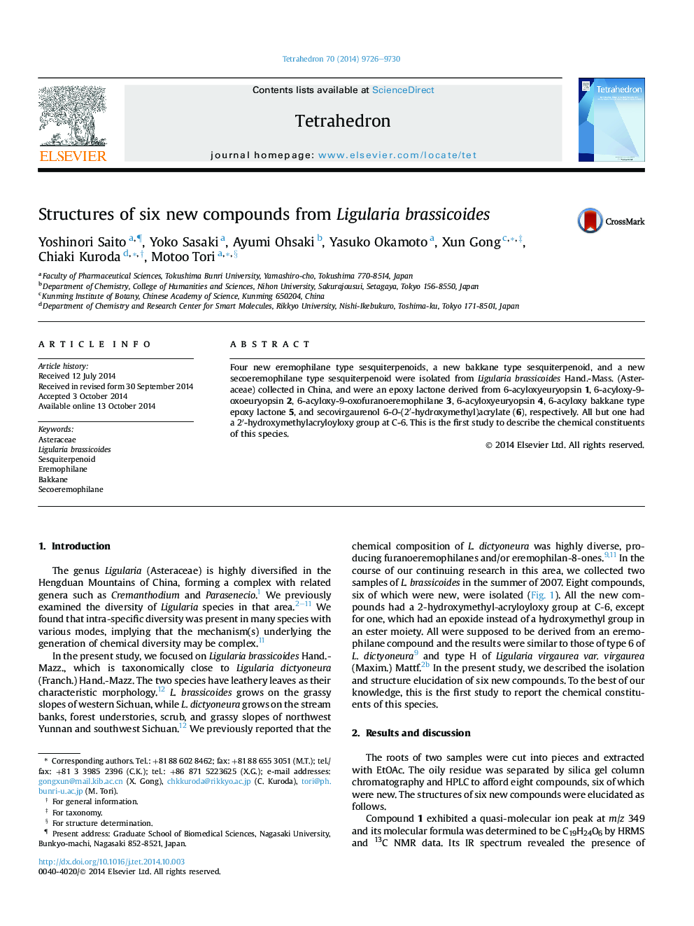 Structures of six new compounds from Ligularia brassicoides