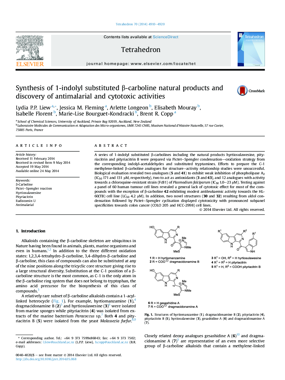 Synthesis of 1-indolyl substituted β-carboline natural products and discovery of antimalarial and cytotoxic activities