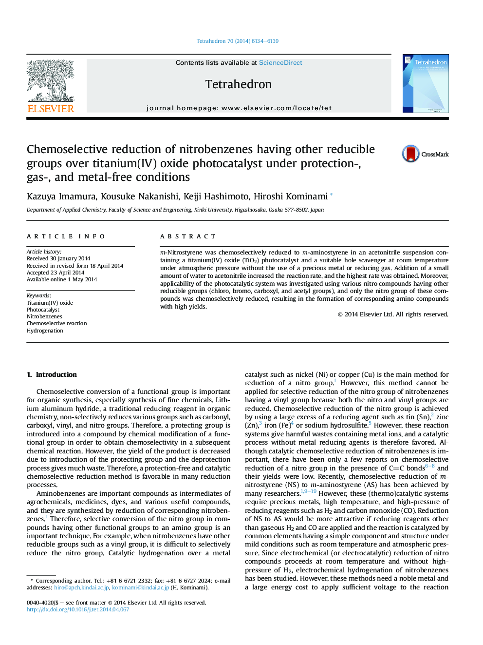 Chemoselective reduction of nitrobenzenes having other reducible groups over titanium(IV) oxide photocatalyst under protection-, gas-, and metal-free conditions