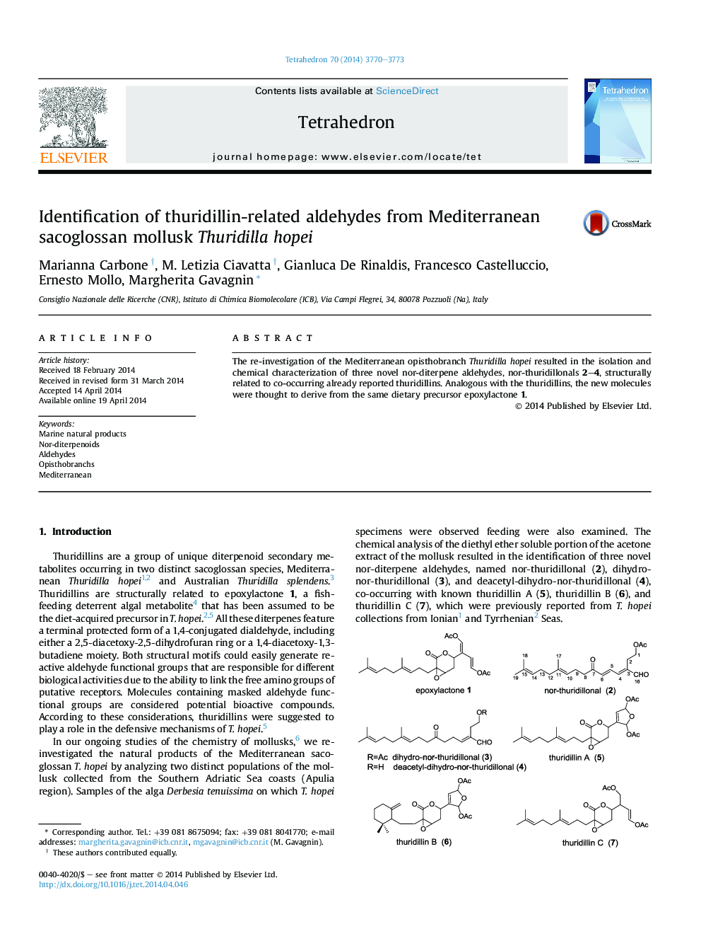 Identification of thuridillin-related aldehydes from Mediterranean sacoglossan mollusk Thuridilla hopei