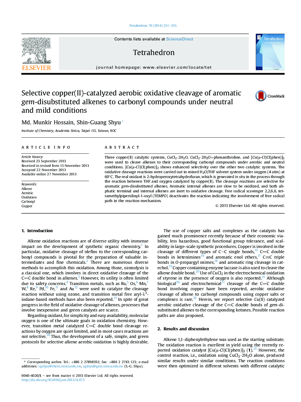 Selective copper(II)-catalyzed aerobic oxidative cleavage of aromatic gem-disubstituted alkenes to carbonyl compounds under neutral and mild conditions