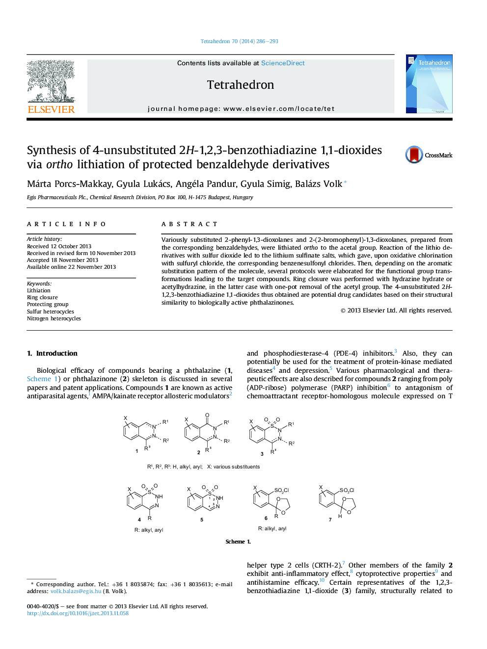 Synthesis of 4-unsubstituted 2H-1,2,3-benzothiadiazine 1,1-dioxides via ortho lithiation of protected benzaldehyde derivatives