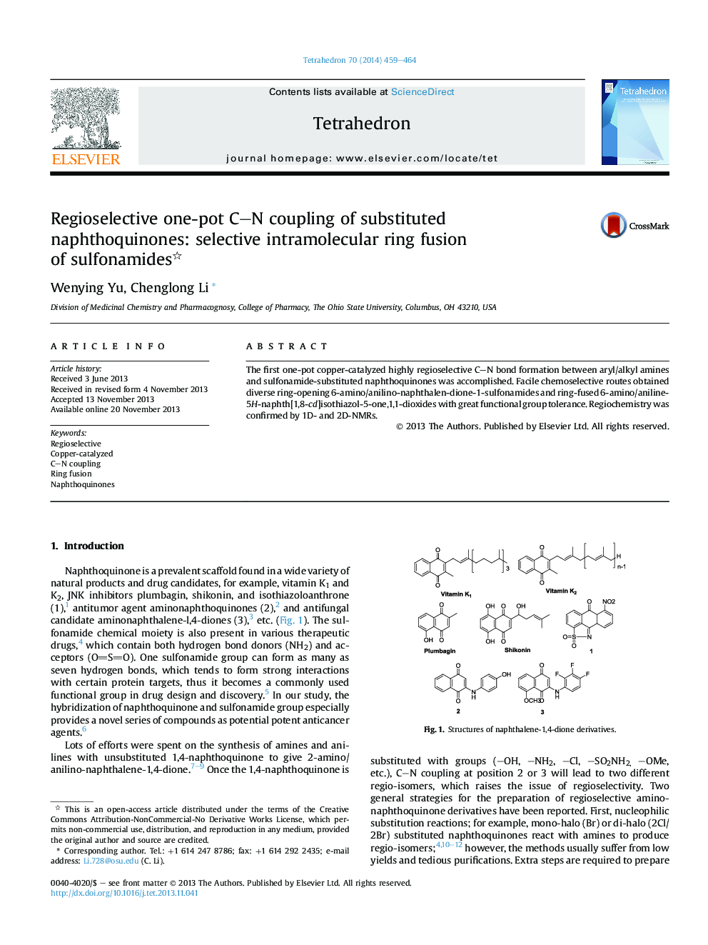 Regioselective one-pot C-N coupling of substituted naphthoquinones: selective intramolecular ring fusion ofÂ sulfonamides