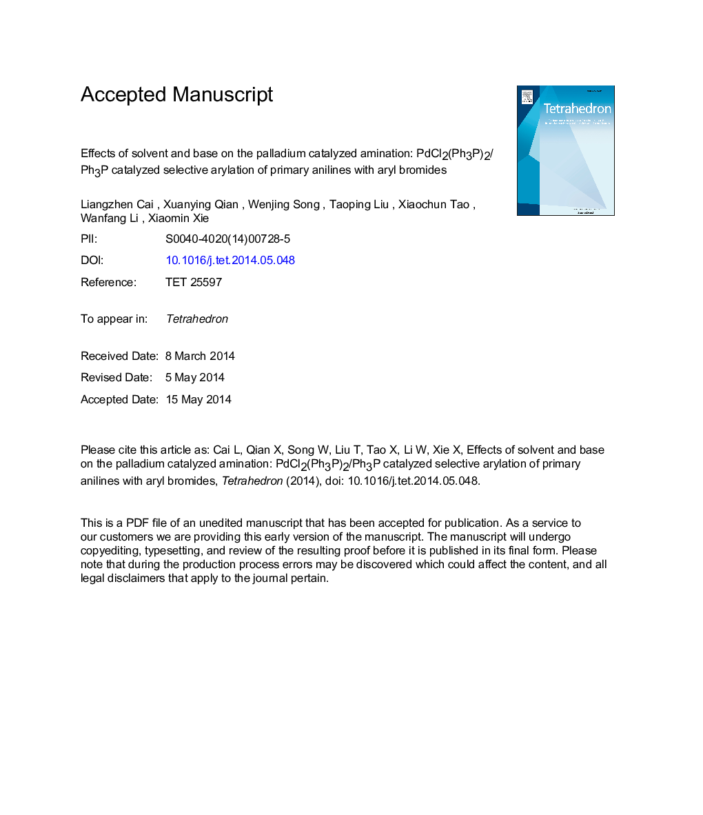 Effects of solvent and base on the palladium-catalyzed amination: PdCl2(Ph3P)2/Ph3P-catalyzed selective arylation of primary anilines with aryl bromides