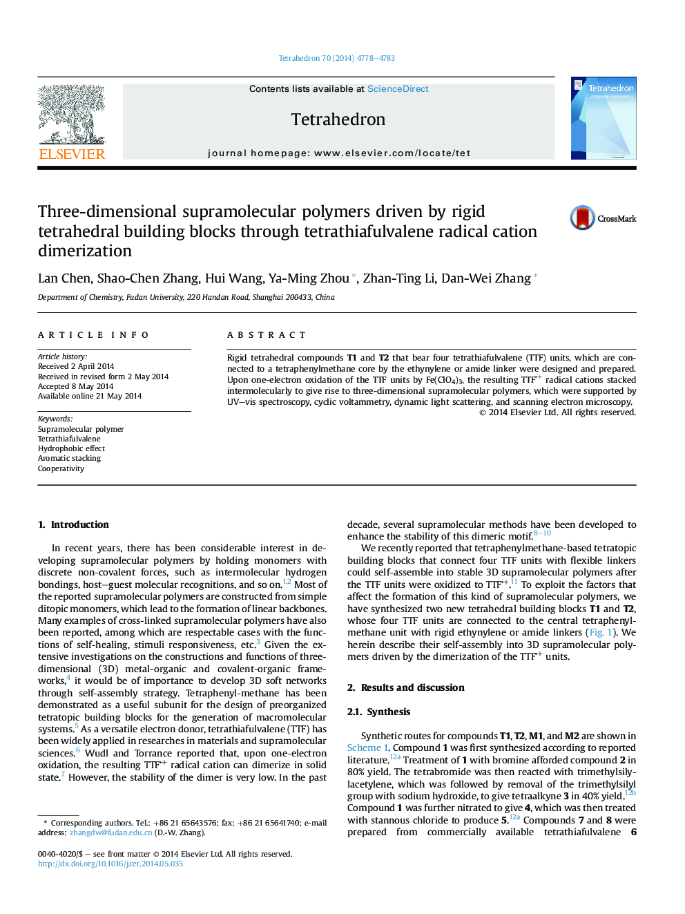 Three-dimensional supramolecular polymers driven by rigid tetrahedral building blocks through tetrathiafulvalene radical cation dimerization